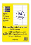 100 planches a4 - 24 étiquettes 64 mm x 33,9 mm autocollantes blanche par planche pour tous types imprimantes - jet d'encre/laser/photocopieuse