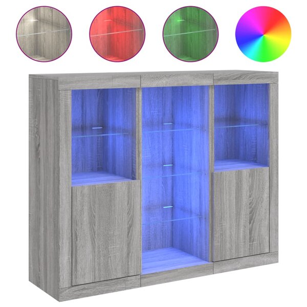 vidaXL Buffets avec lumières LED 3 Pièces sonoma gris bois d'ingénierie