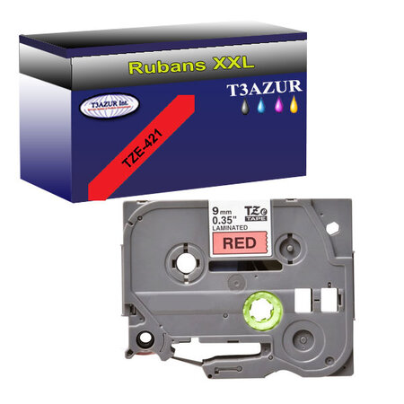 Ruban d'étiquettes laminées générique Brother Tze-421 pour étiqueteuses P-touch - Texte noir sur fond rouge - Largeur 9 mm x 8 mètres - T3AZUR