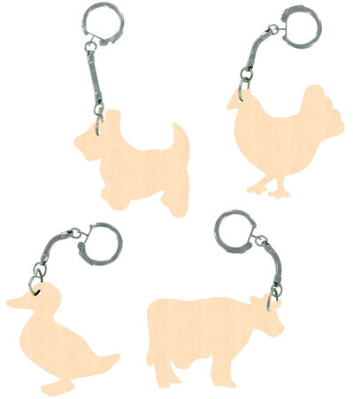 Porte-clés en bois pour enfant animaux de la ferme 7 cm 4 pièces