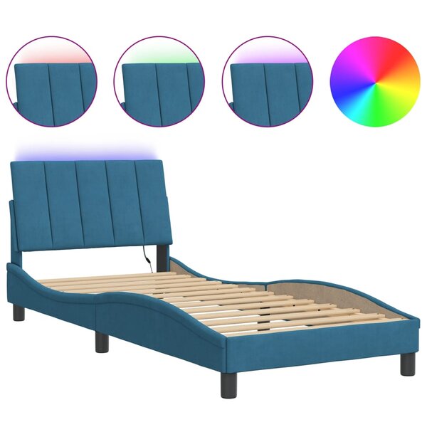 vidaXL Cadre de lit avec LED sans matelas Hanko bleu 90x200 cm velours