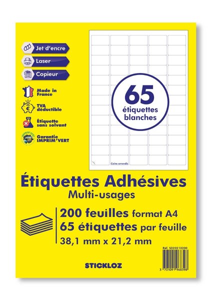 200 planches a4 - 65 étiquettes 38,1 mm x 21,2 mm autocollantes blanche par planche pour tous types imprimantes - jet d'encre/laser/photocopieuse