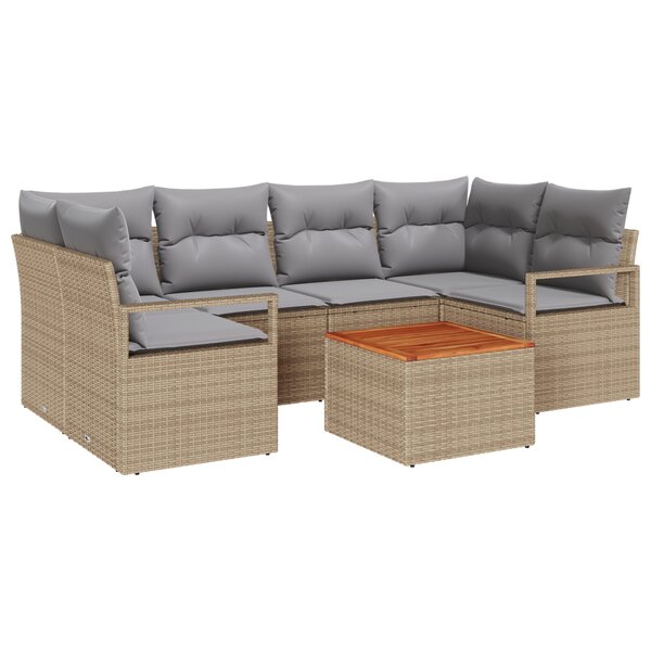 Ensemble de canapé de jardin de 7 pièces avec coussins beige poly rotin acacia