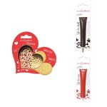 Kit pour biscuit en relief coeur + 2 stylos au chocolat marron et rouge
