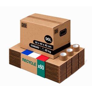 Pack and Move - Lot 60 cartons déménagement L larges - 40 x 60 x 40 cm - Poignées renforcées - 3 adhésifs offerts