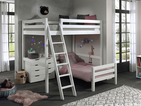 PINO Lit mezzanine 140x200 Blanc + Lit simple + commode 4 tiroirs