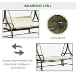 Balancelle de jardin 3 places convertible inclinaison toit réglable matelas grand confort rembourrage 8 cm fourni 1 96L x 1 17l x 1 78H m métal époxy noir crème