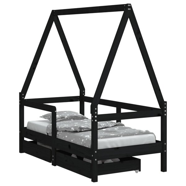 vidaXL Cadre de lit enfant avec tiroirs noir 70x140 cm bois pin massif