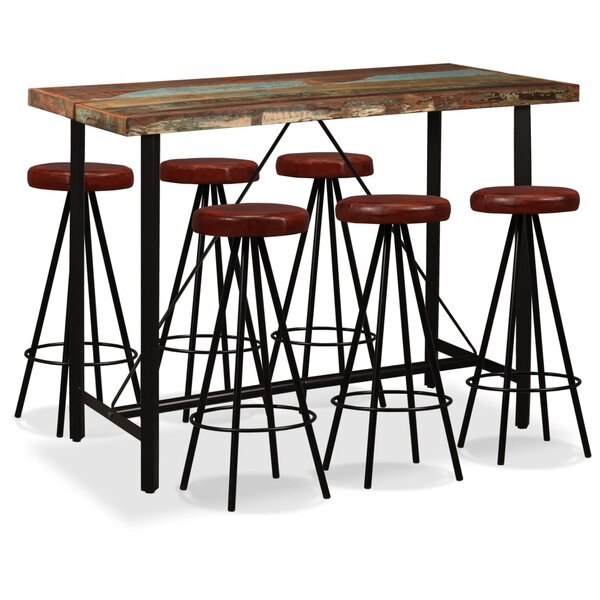vidaXL Ensemble de bar 7 Pièces Bois massif recyclé et cuir véritable