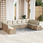 Ensemble de Canapé de Jardin 10 Pièces avec Coussins Beige Rattan Poly Acacia