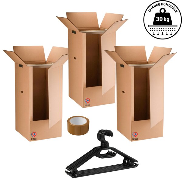 Lot de 3 Cartons Penderie 50x50x100 cm avec Tringles+ 1 Rouleau Adhésif & 10 Cintres Offerts