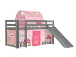 Lit Enfant Surélevé Avec Toboggan Pino 90x200cm Gris + Rideau et tunnel de lit Spring