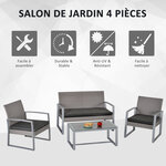 Ensemble salon de jardin design contemporain style yachting 4 places coussins inclus table basse métal époxy résine tressée grise