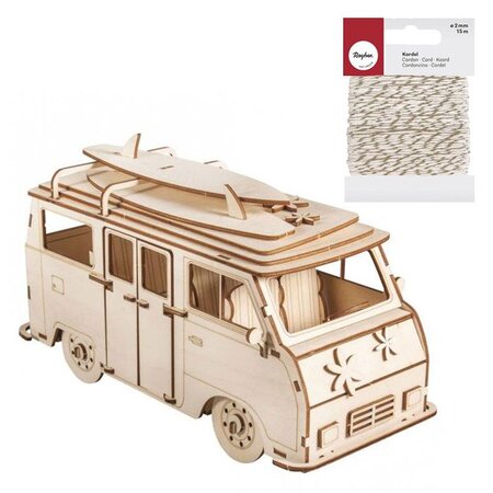 Maquette bois 3D Camping Car 30 x 13 x 17 cm + Ficelle dorée & blanche