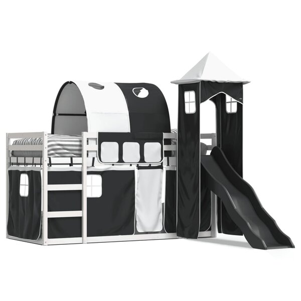 vidaXL Lit superposé avec toboggan et rideaux blanc et noir 90x200 cm