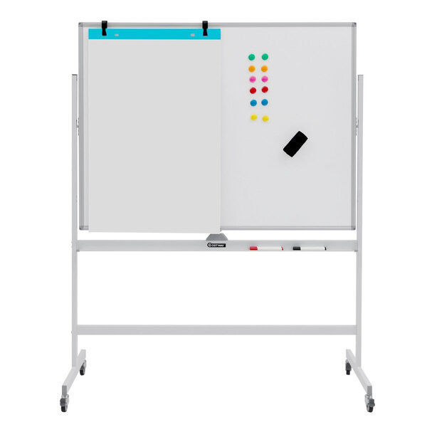 Tableau blanc magnétique double face sur pied réversible à 360° 120 x 90 cm avec roulettes et structure en aluminium 20_0009467