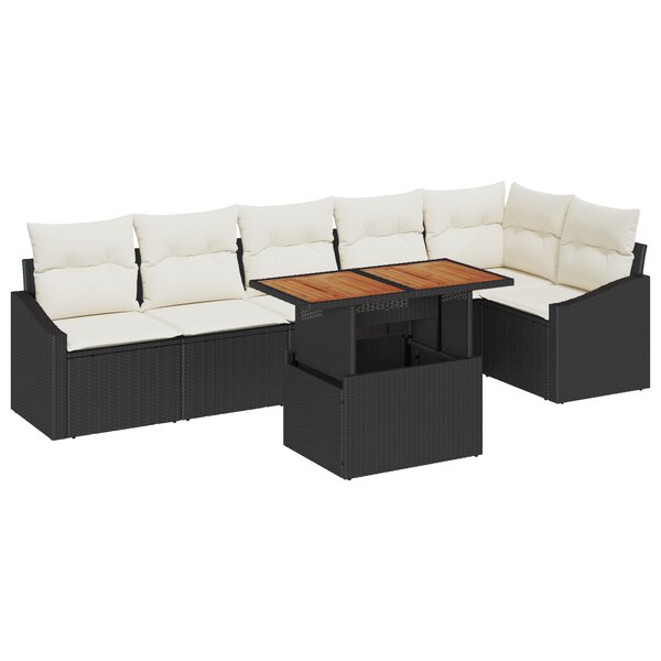 vidaXL Ensemble de jardin 7 pièces avec coussins en poly rotin noir et bois d'acacia