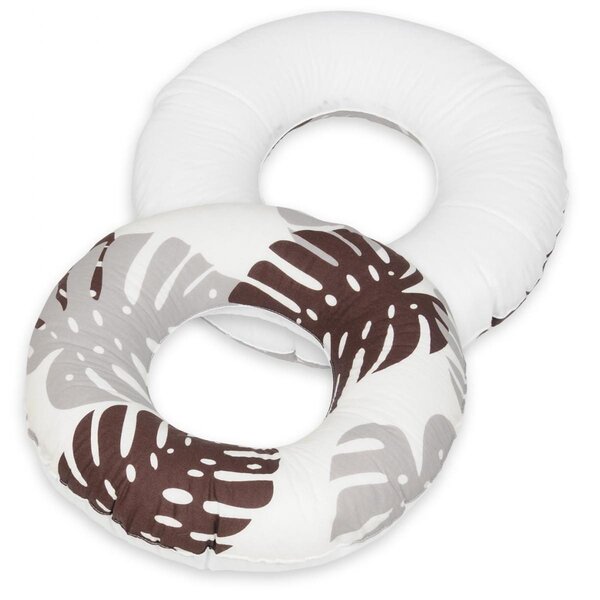 Coussin rond post natal Feuilles grises et marrons   blanc