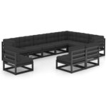 Salon de jardin meuble d'extérieur ensemble de mobilier 10 pièces avec coussins noir bois de pin massif 02_0015102