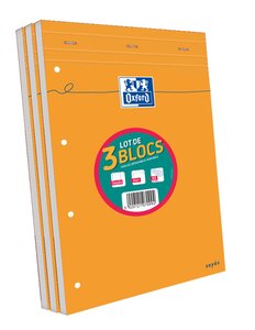 Lot de 3 Bloc-Notes Agrafés Format A4+ 160 Pages Grands Carreaux Perforées OXFORD