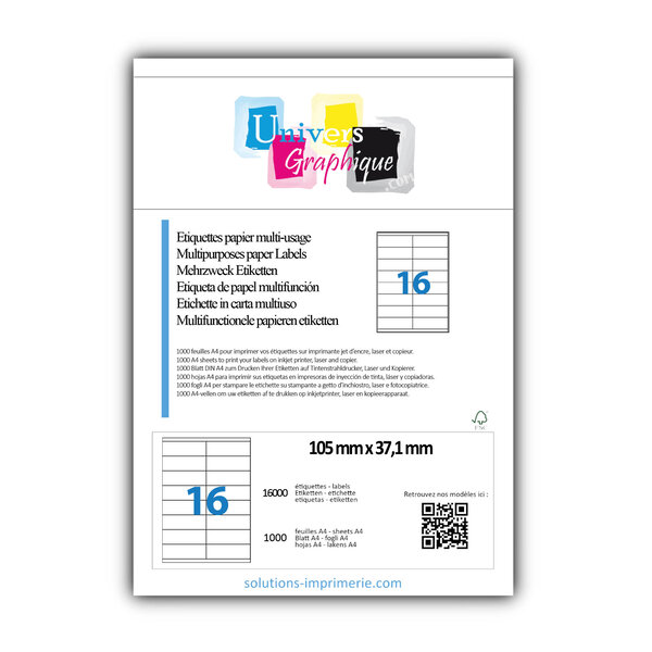 Lot de 1000 planches a4 de 16 étiquettes à bords vifs 105 x 37 1 mm en papier blanc 70g/m² multifonction