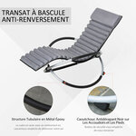 Chaise longue à bascule pliable rocking chair design contemporain avec matelas revêtement aspect daim métal textilène gris noir