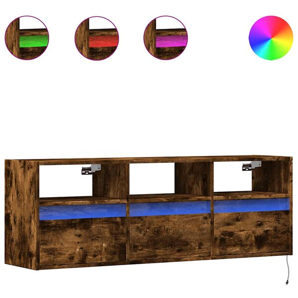 vidaXL Meuble TV mural avec lumières LED chêne fumé 130x31x45 cm