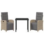 Ensemble de Repas de Jardin 3 Pièces avec Coussins en Rattan Poly Beige