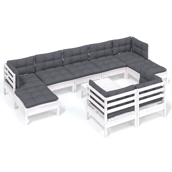 vidaXL Salon de jardin 10 Pièces avec coussins blanc bois de pin massif