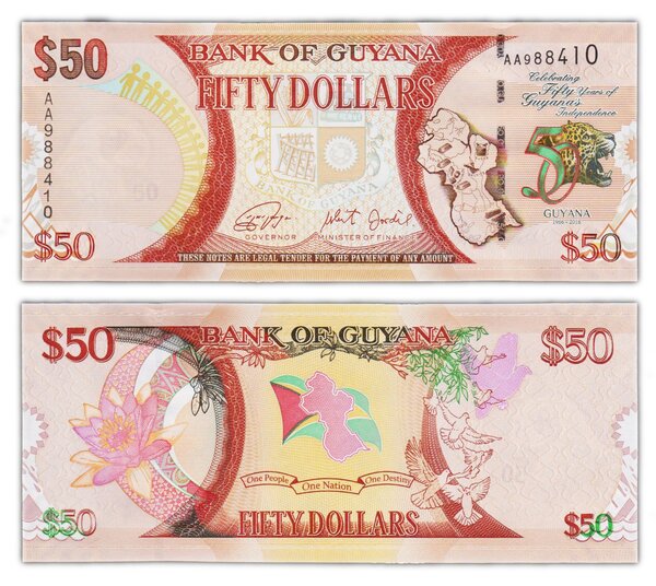 Billet de collection 50 dollars 2016 guyana - neuf - p41 - 50ans de l'indépendance