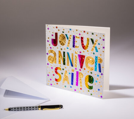 Carte double sparkle - joyeux anniversaire - papier paillette argentée  dorures arc-en-ciel et or