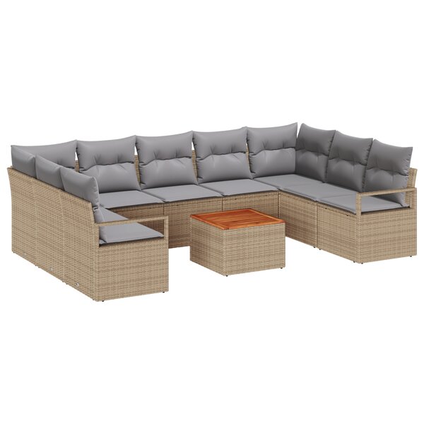 vidaXL Ensemble canapé de jardin 10 pièces avec coussins en poly rotin acacia beige