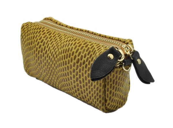 Petite pochette trousse en cuir Jaune Moutarde