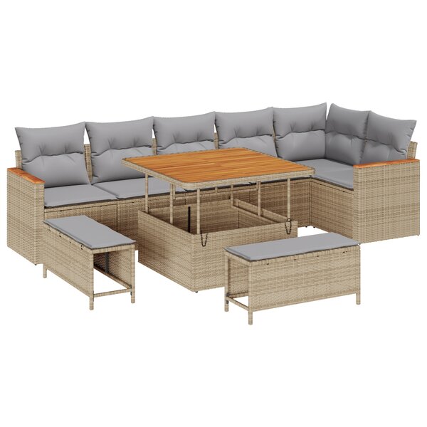 vidaXL Set de jardin 9 pièces avec coussins beige en poly rotin acacia