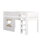 Flexa WHITE Lit mi-hauteur avec echelle droite 90 x 200 cm Facades cabane cadre chene Barriere de securite classique Blanc et chene