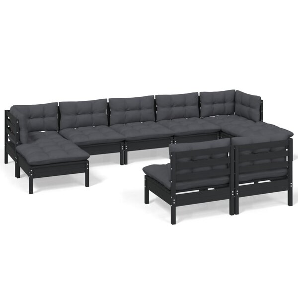 vidaXL Salon de jardin 9 Pièces avec coussins Noir Bois de pin