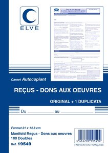 Carnet de reçus - Dons aux oeuvres A4 - 50 Feuillets Doubles Autocopiants ELVE