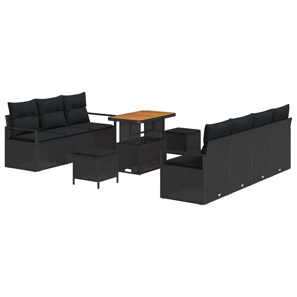 Ensemble de Canapé Jardin 10 Pièces avec Coussins Noir Poly Rattan Acacia