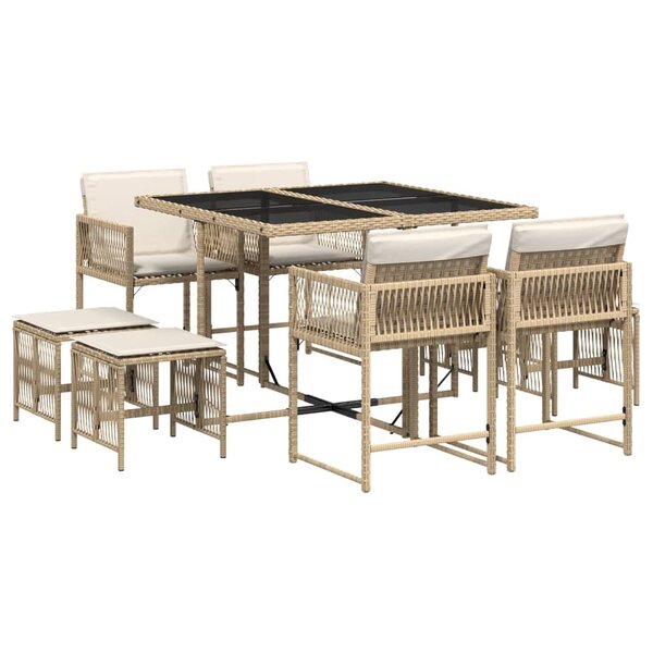 vidaXL Ensemble à manger de jardin et coussins 9 Pièces beige Poly rotin