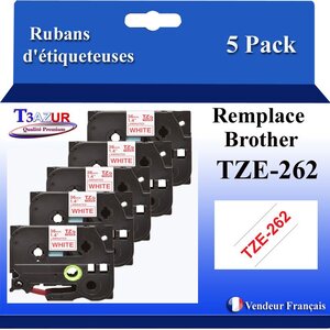 5x  Rubans d'étiqueteuses compatibles avec Brother Tze262  Tze-262 pour étiqueteuses P-touch - Texte rouge sur fond blanc - Largeur 36 mm x 8 mètres - T3AZUR