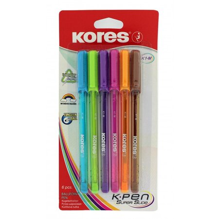 Lot de 6 stylos bille - k-pen - pointe médium - corps triangulaire - kores