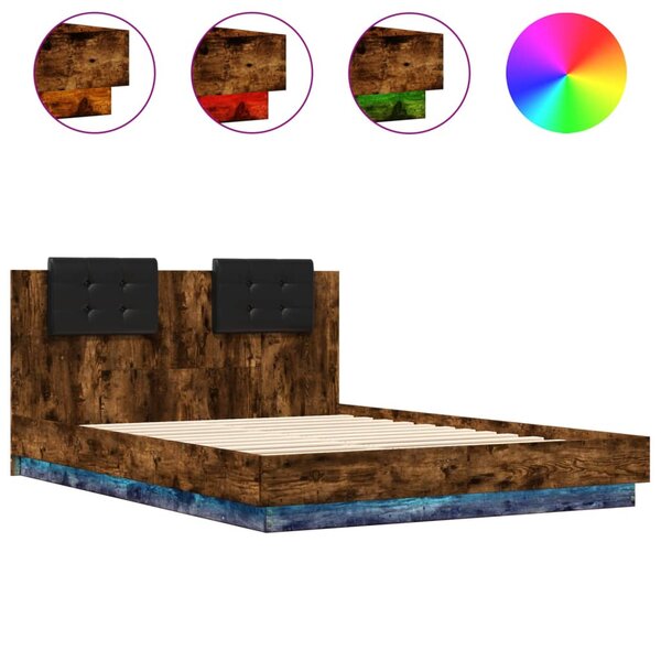 vidaXL Cadre de lit tête de lit et lumières LED chêne fumé 120x200 cm