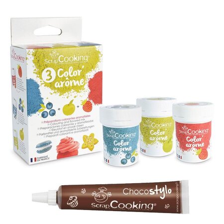 3 Colorants-arômes alimentaires fraise-pomme-myrtille + 1 Stylo chocolat