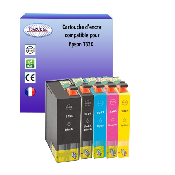 5 Cartouches Compatibles pour Epson T3351 / T3361 / T3362 / T3363 / T3364 (33XL)- T3AZUR