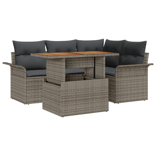 vidaXL Ensemble de salle à manger de jardin 5 pièces avec coussins gris en poly rattan et acacia