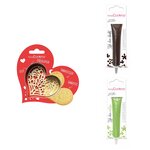 Kit pour biscuit en relief Coeur + 2 Stylos au chocolat marron et vert clair