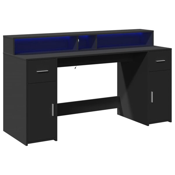 Bureau table poste de travail meuble d'ordinateur informatique étude avec lumières LED 160 x 55 x 91 cm bois d'ingénierie noir 02_0023431