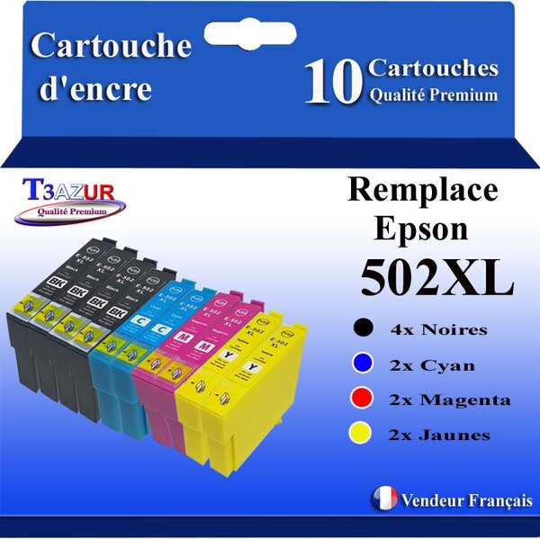 T3AZUR - 10x Cartouches compatibles avec Epson WorkForce WF-2860DWF  WF-2865DWF  WF-2880DWF  WF-2885DWF  502XL