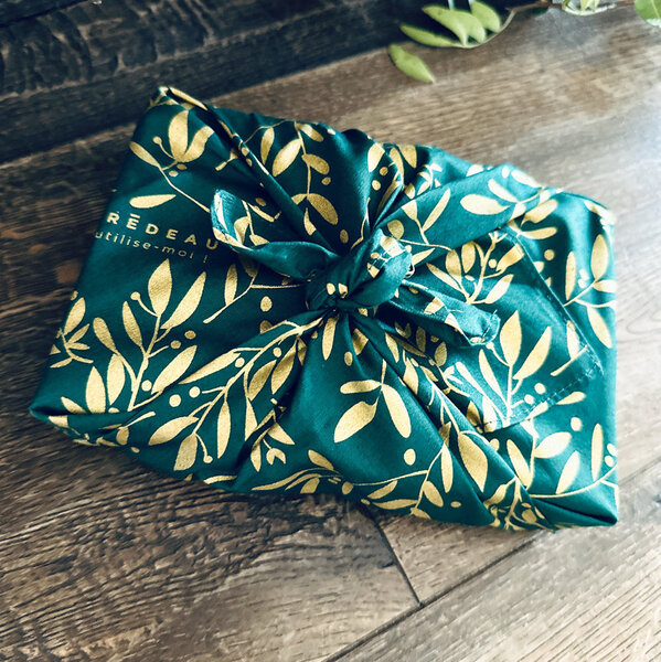 Papier Cadeau Réutilisable Emballage Furoshiki Coton Recyclé : Jardin de Gui  (Taille S) 35x35 cm Vert Sapin