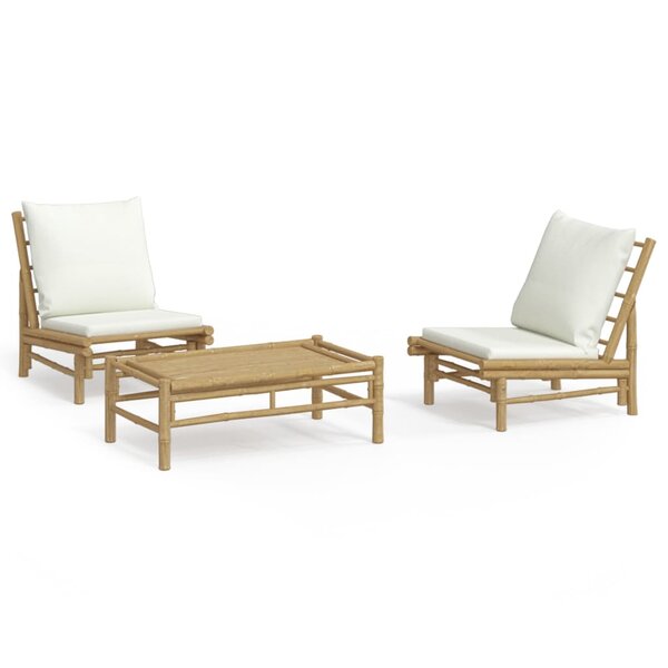 vidaXL Salon de jardin 3 Pièces avec coussins blanc crème bambou